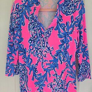 Lilly Pulitzer Vero Tunic XS Caught In The Coral Top Shirt UPF50+ Pink Blue